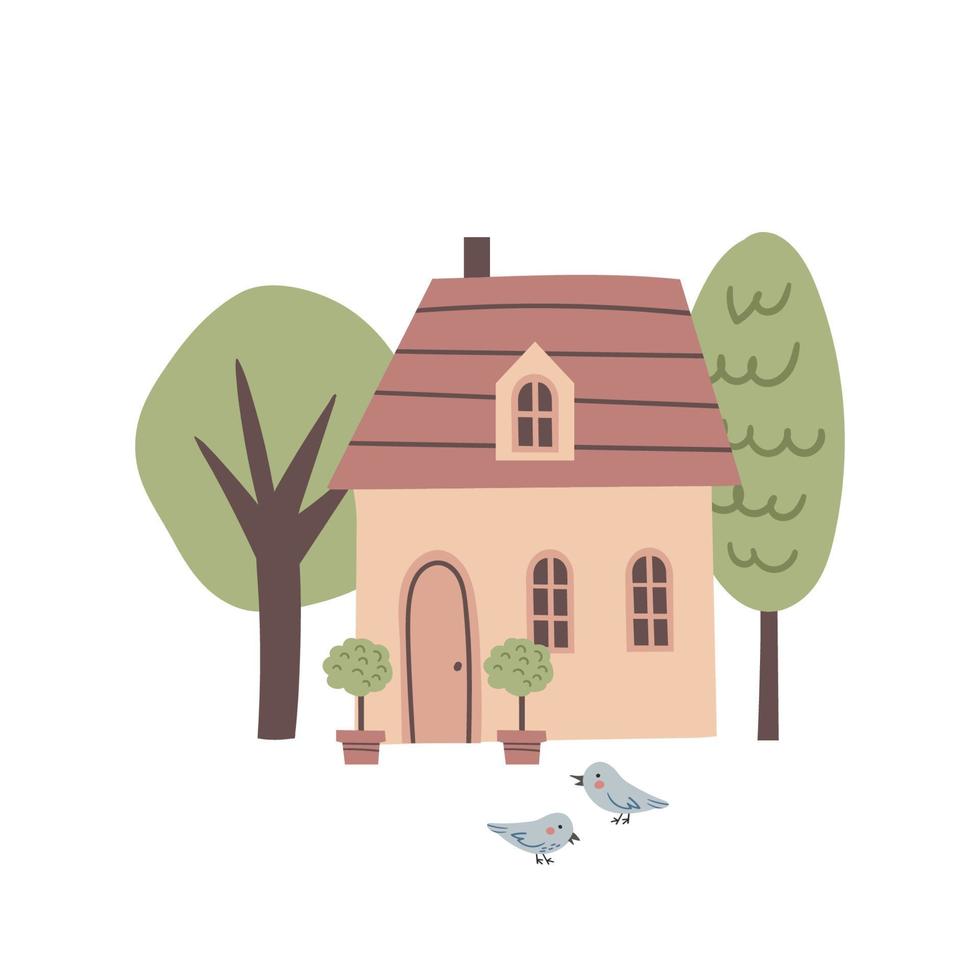 Vector cartoon illustration of cute house. Cozy home. Scandinavian style.  Summer landscape of with private building on white background.
