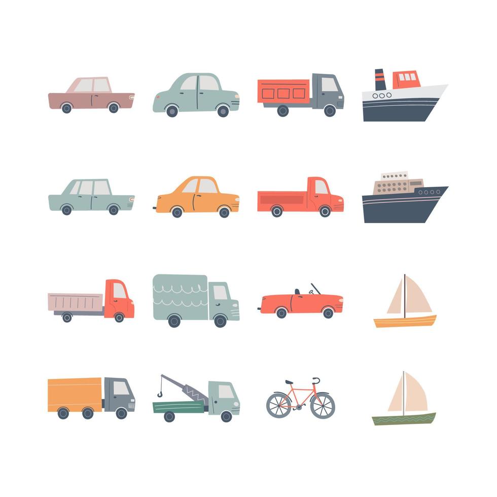 mano dibujado conjunto de linda vehículos para niños diseño. urbano la carretera transporte vector ilustración.