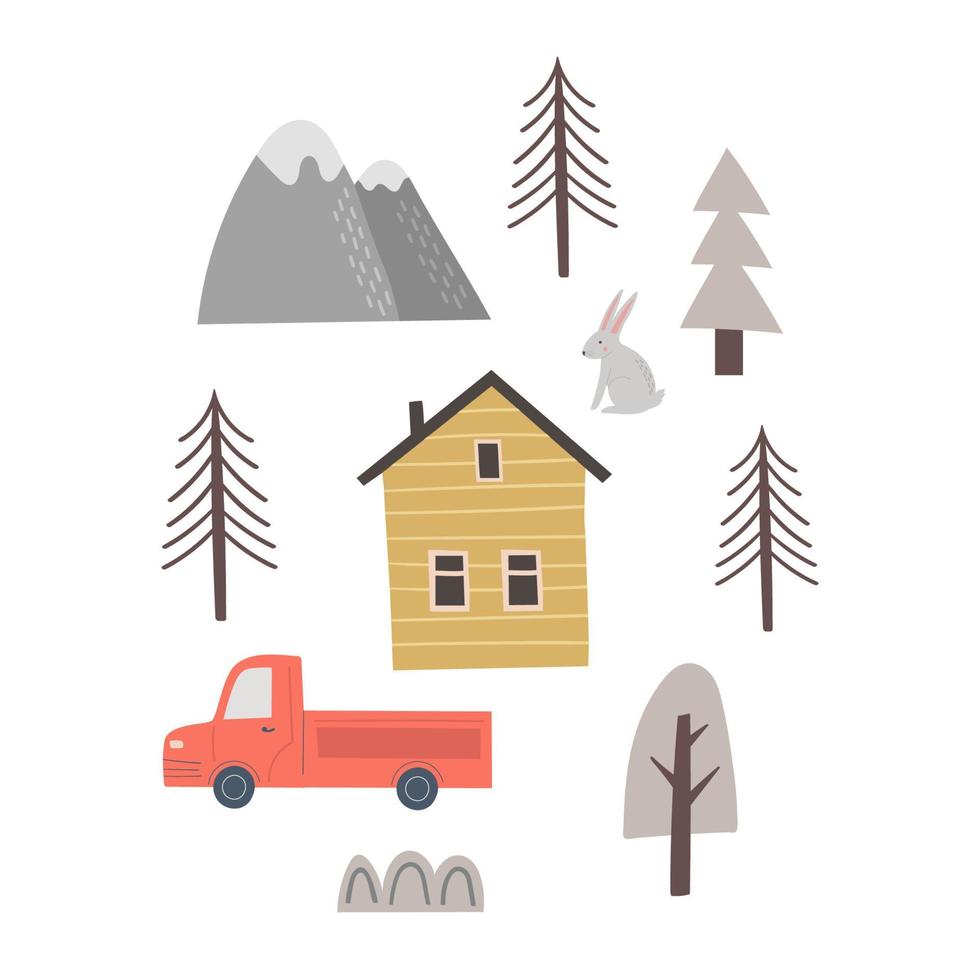 bosque casa reserva y alquilar. moderno apartamentos para descanso en naturaleza, montaña presentar a nacional parque área, cámping. de viaje por auto, mano dibujado garabatear escandinavo estilo. vector hotel póster.