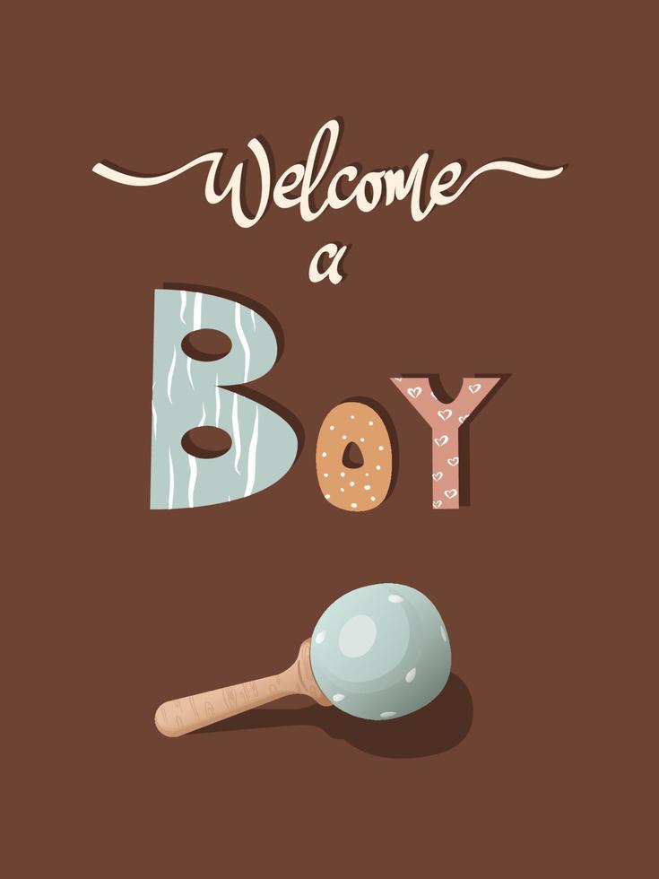 Welcome a boy invitation birthday card with wooden toy, illustration in pastel colors with dark background. Vector illustration.