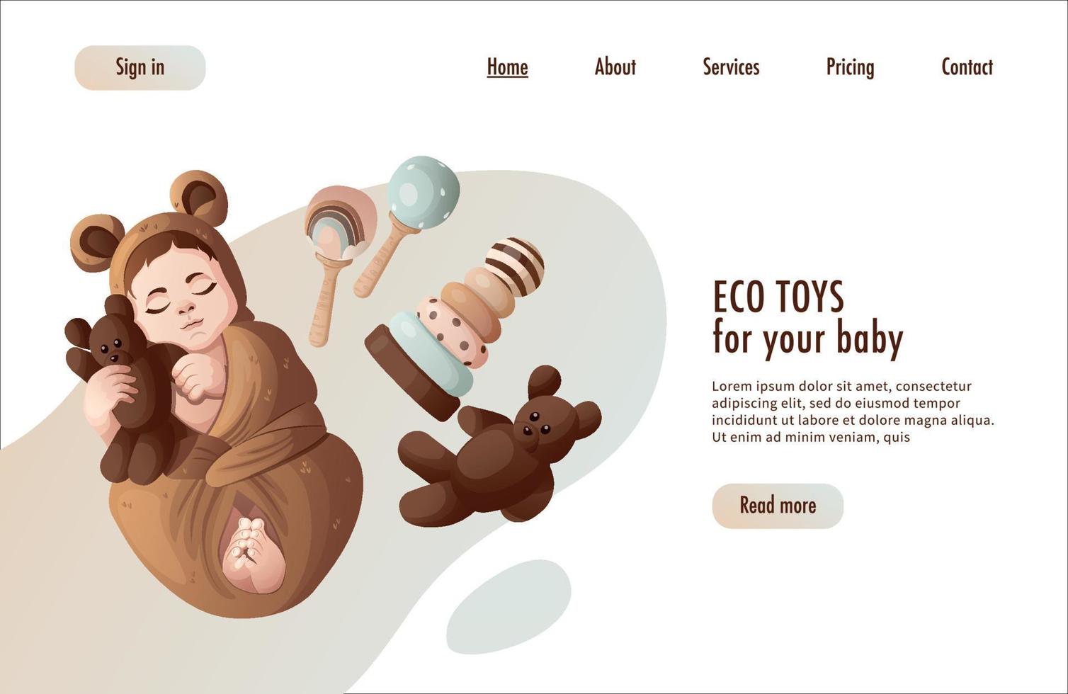 Eco toys web page with set of wooden toys. Wooden stacking pyramid, rattles toys, teddy bear, baby store. Vector illustration for poster, banner, website.