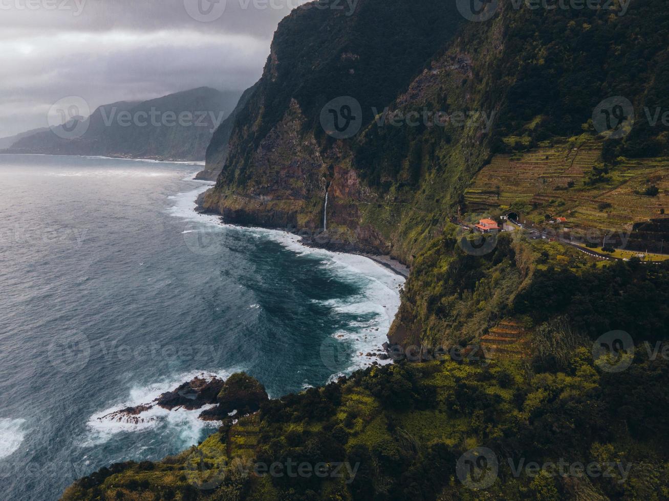 Drone view of Cascata do Corrego da Furna in Madeira, Portugal photo