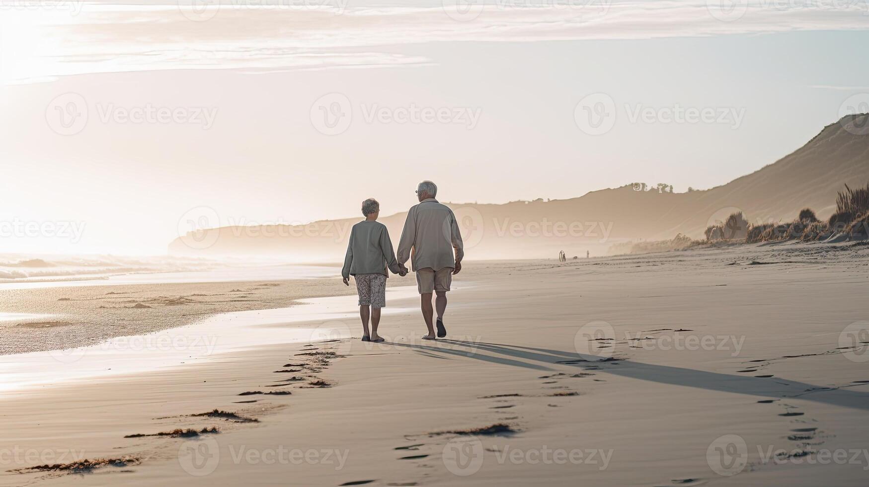 A beach scene with a couple walking hand in hand. photo