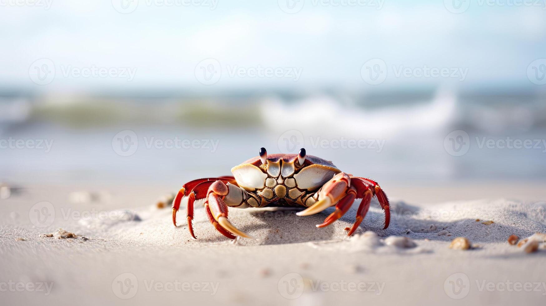 un playa escena con un cangrejo gateando en el arena. generativo ai foto