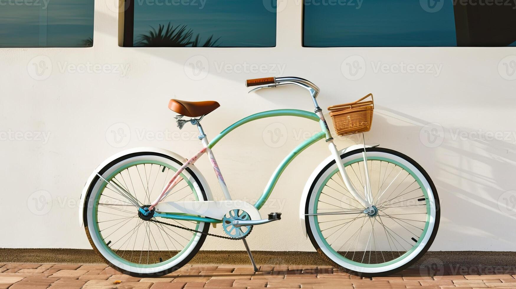 A beach cruiser bike leaning against a wall. photo