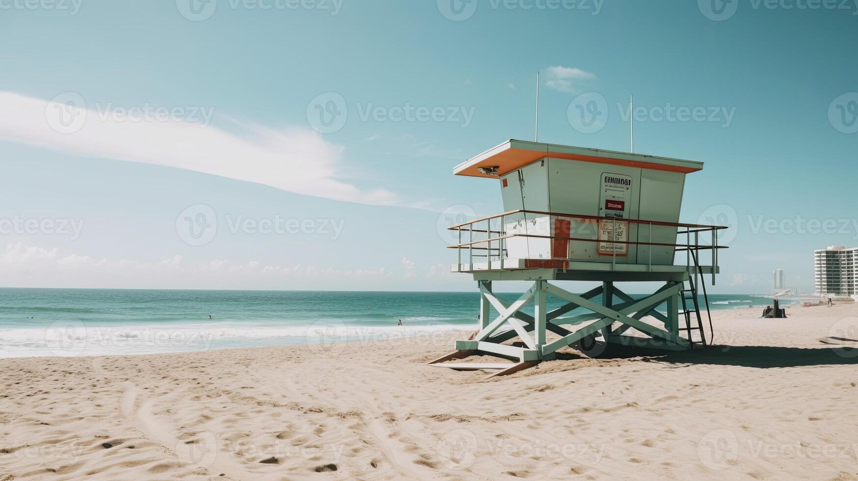 A beach scene with a lifeguard tower. photo