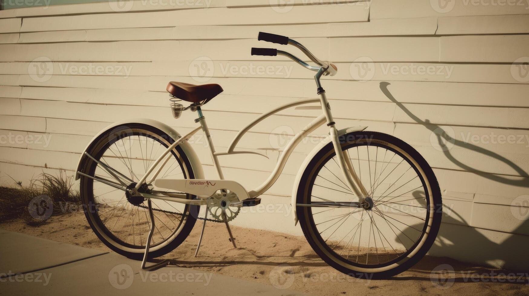 A beach cruiser bike leaning against a wall. photo