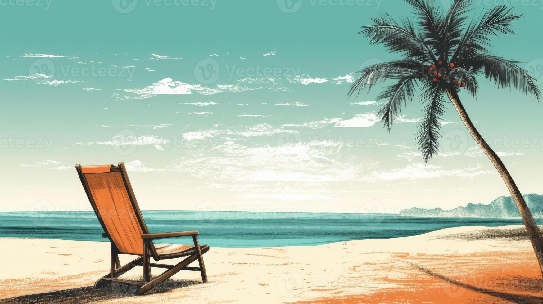 A beach scene with a palm tree and a beach chair. photo