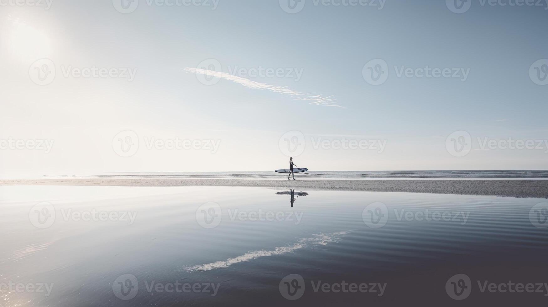un playa escena con un paddleboarder en calma aguas generativo ai foto