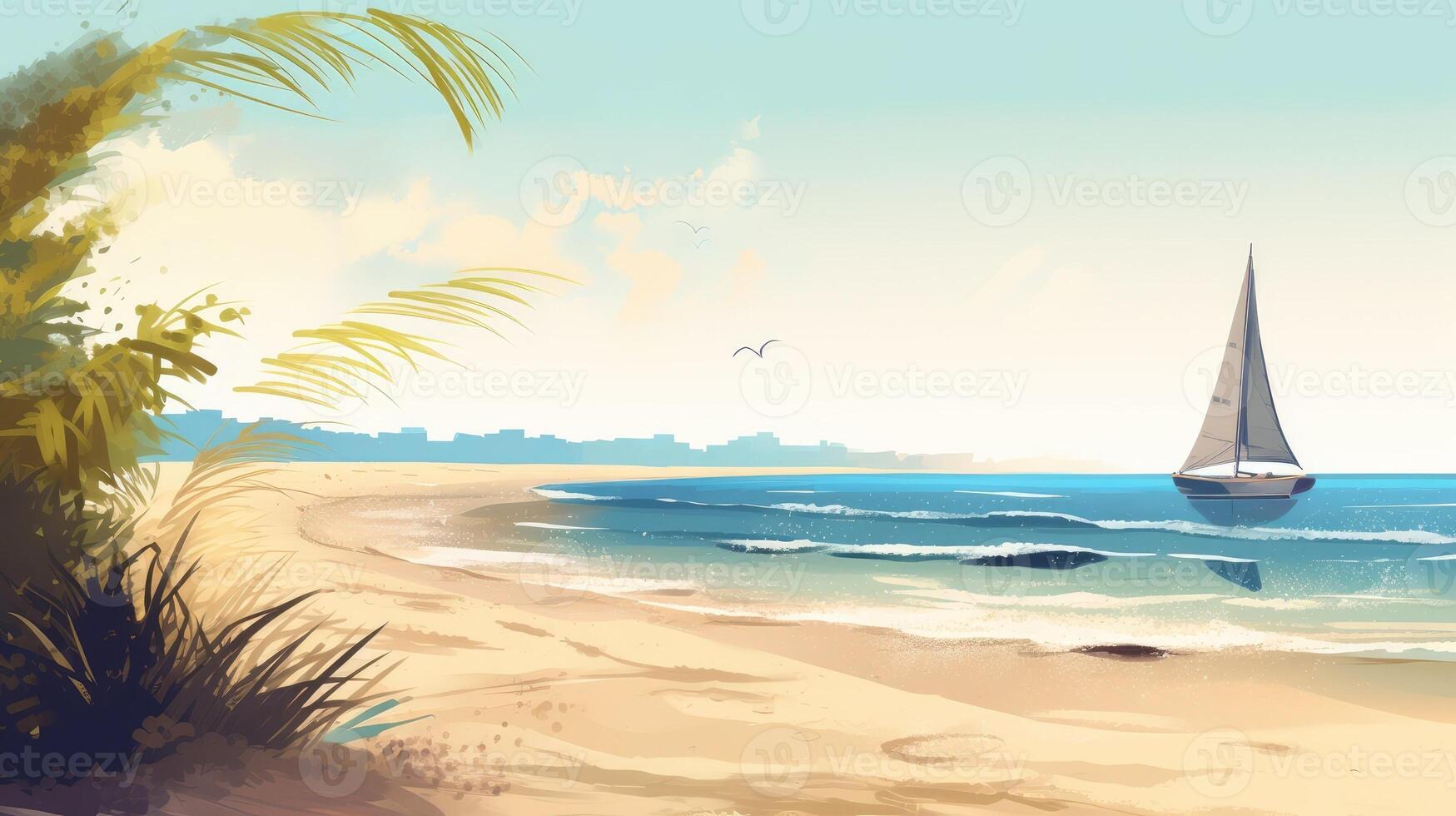 A beach scene with a sailboat on the horizon. photo