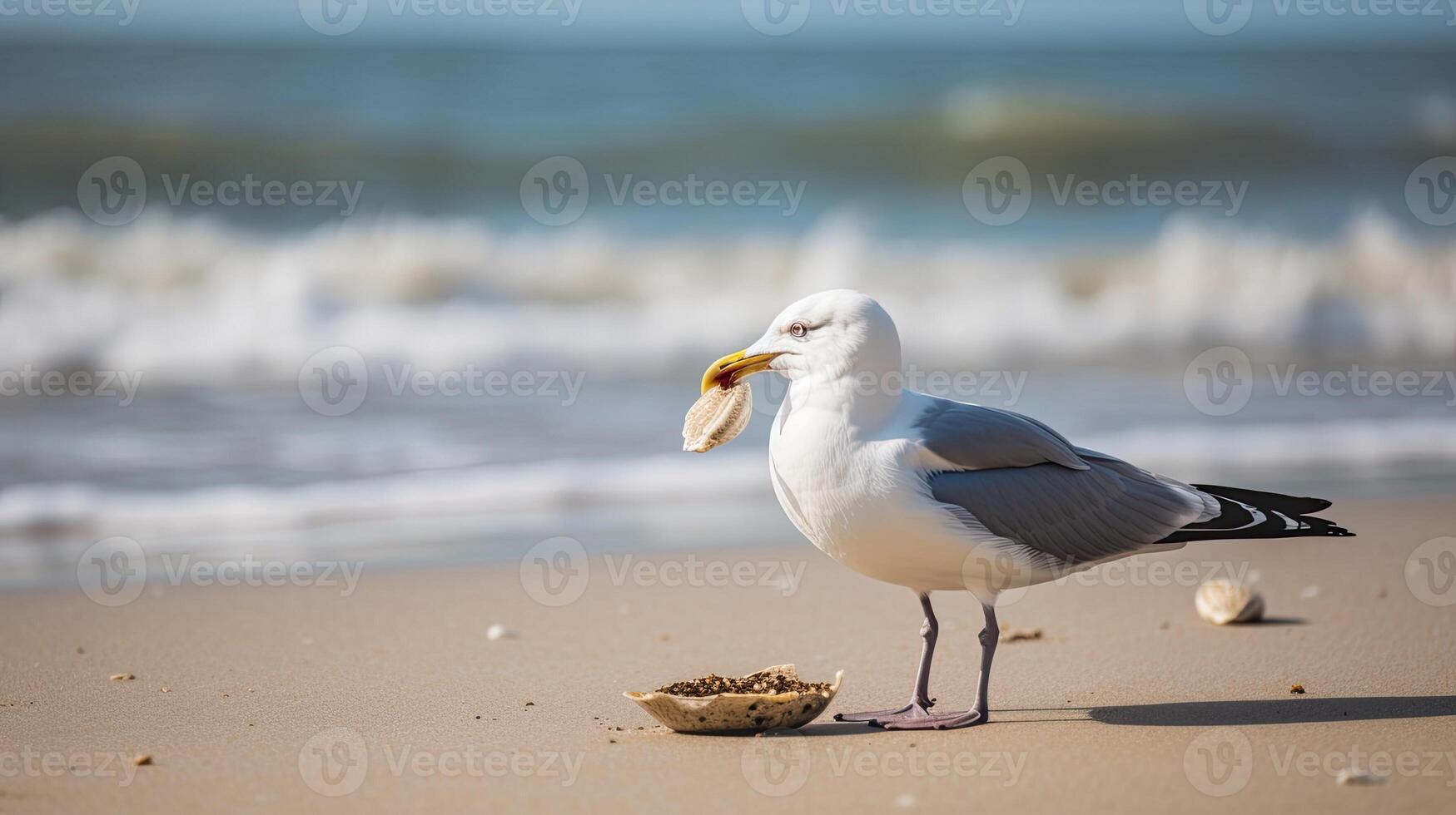 un playa escena con un Gaviota participación un almeja en sus pico. generativo ai foto