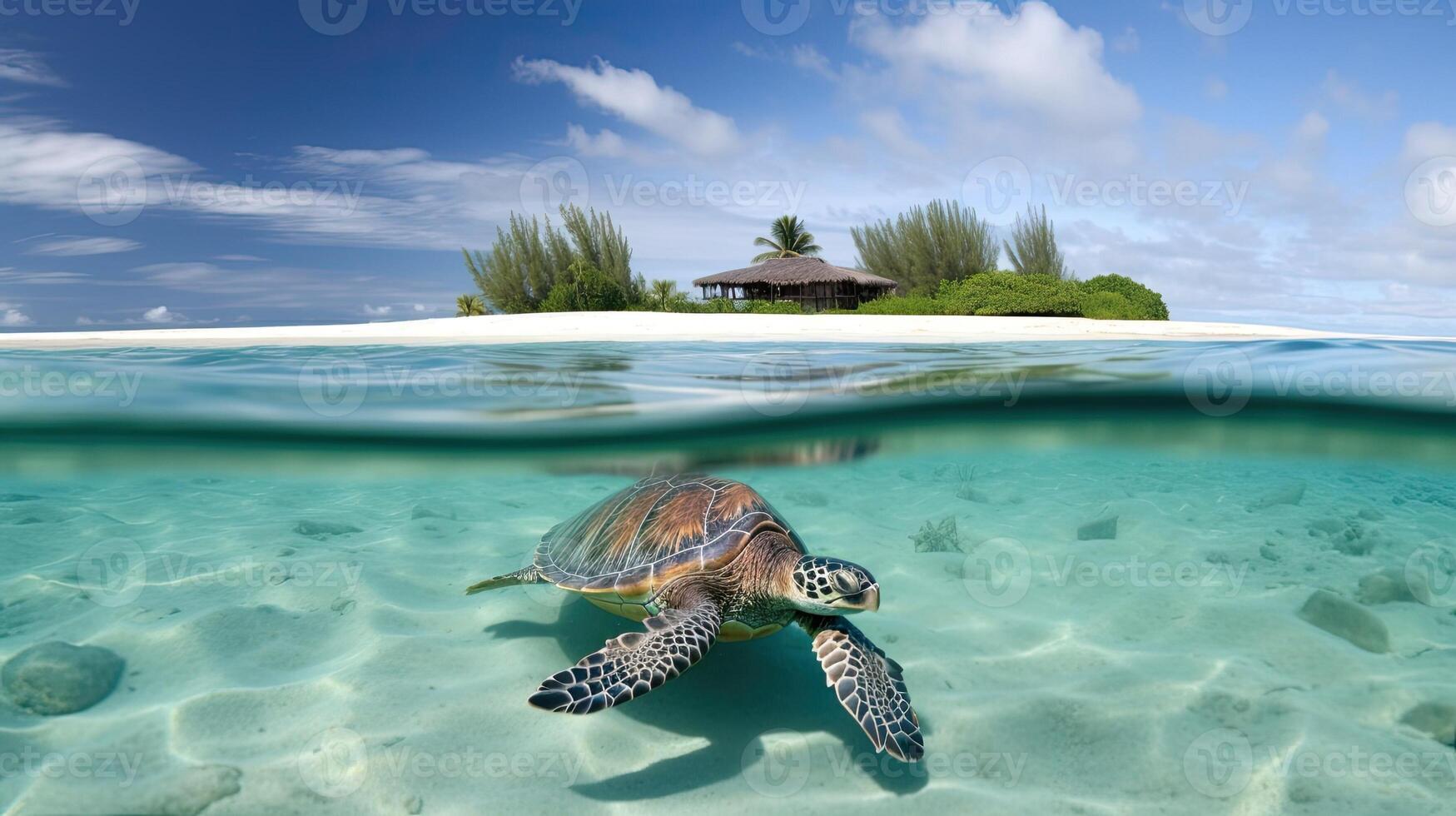 A beach scene with a sea turtle swimming in the water. photo