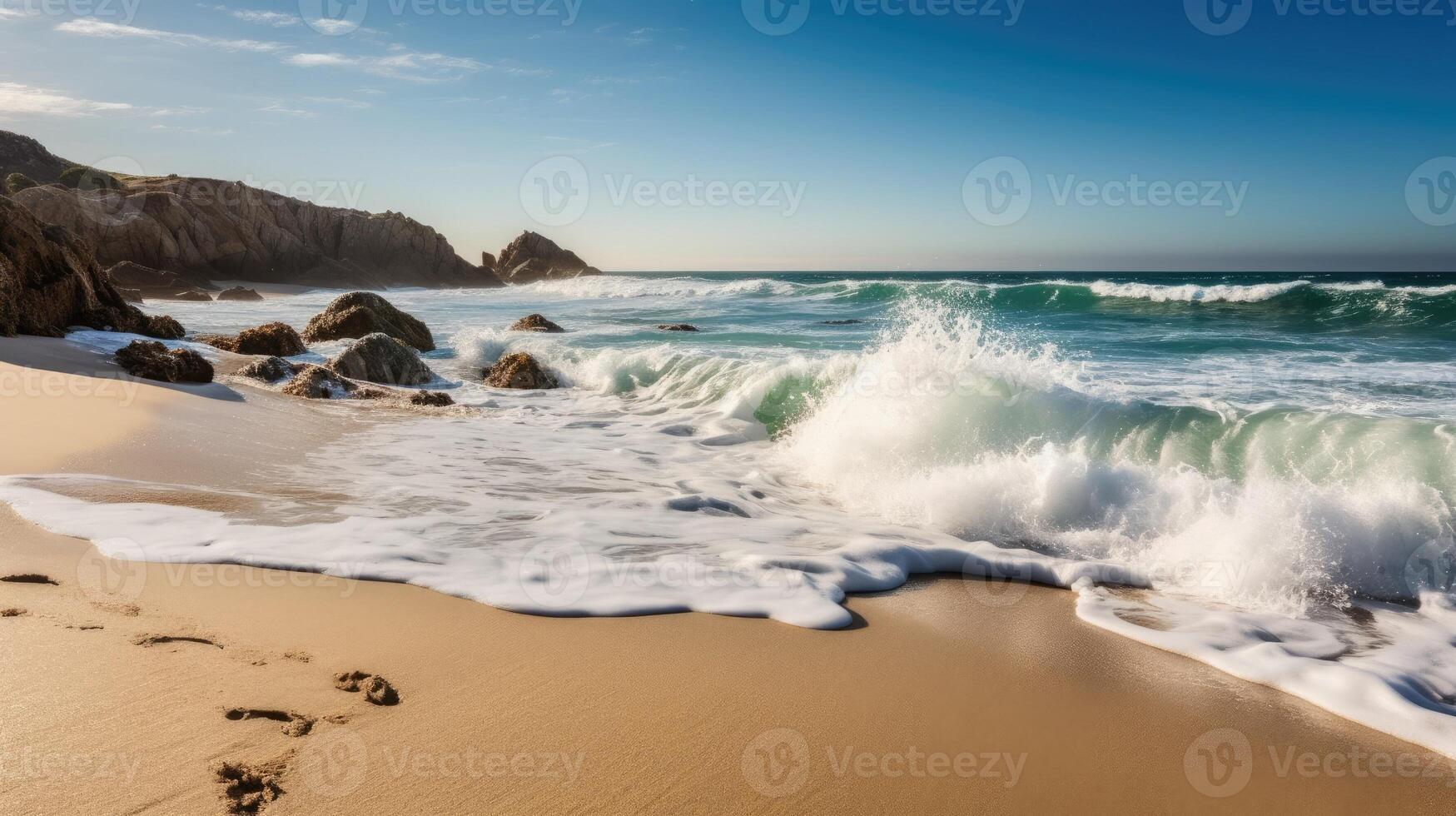 A beach scene with waves crashing on the shore. photo