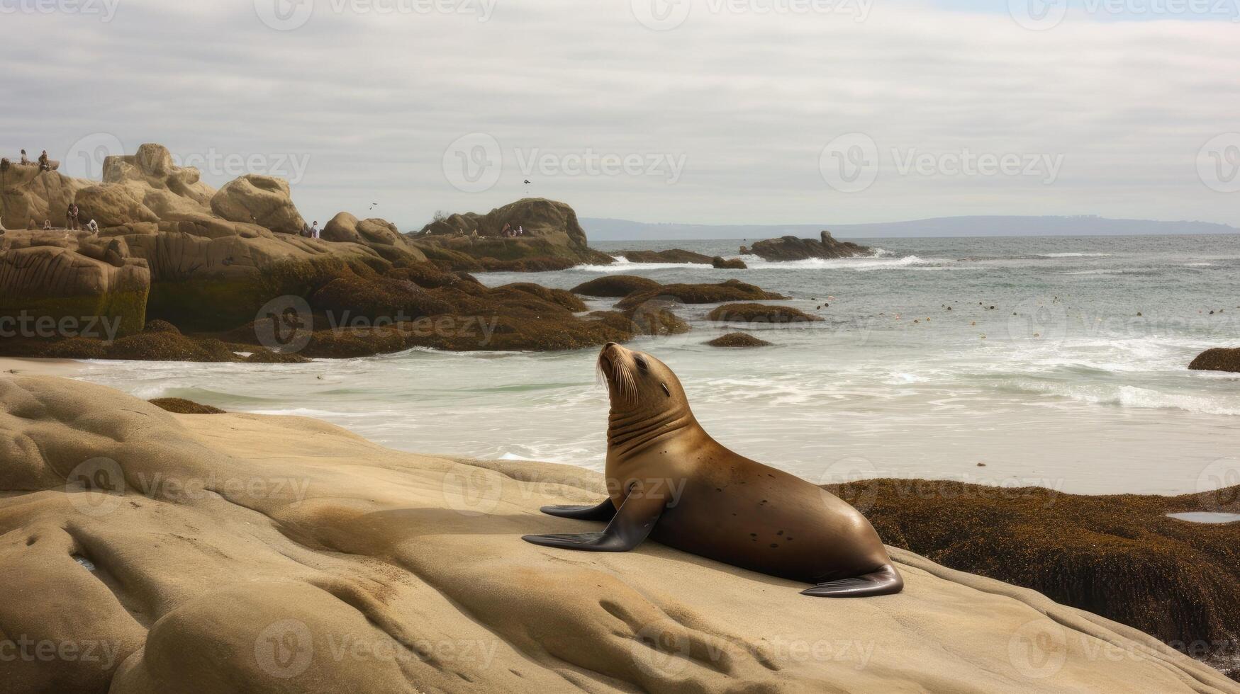 un playa escena con un mar león descansando en un roca. generativo ai foto