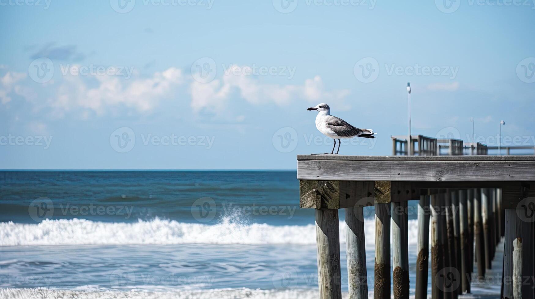 A beach scene with a seagull perched on a pier. photo