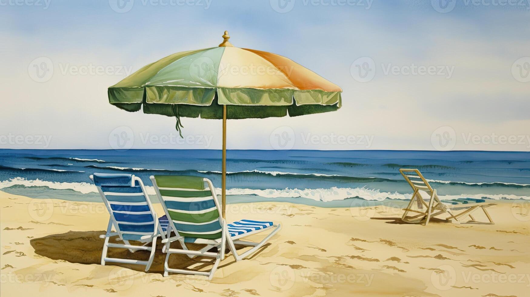 A beach scene with a parasol and beach chairs. photo