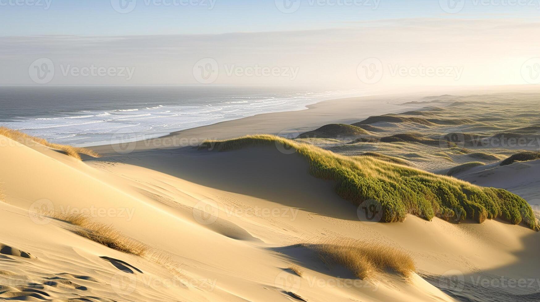 A coastal landscape with sand dunes and waves. photo