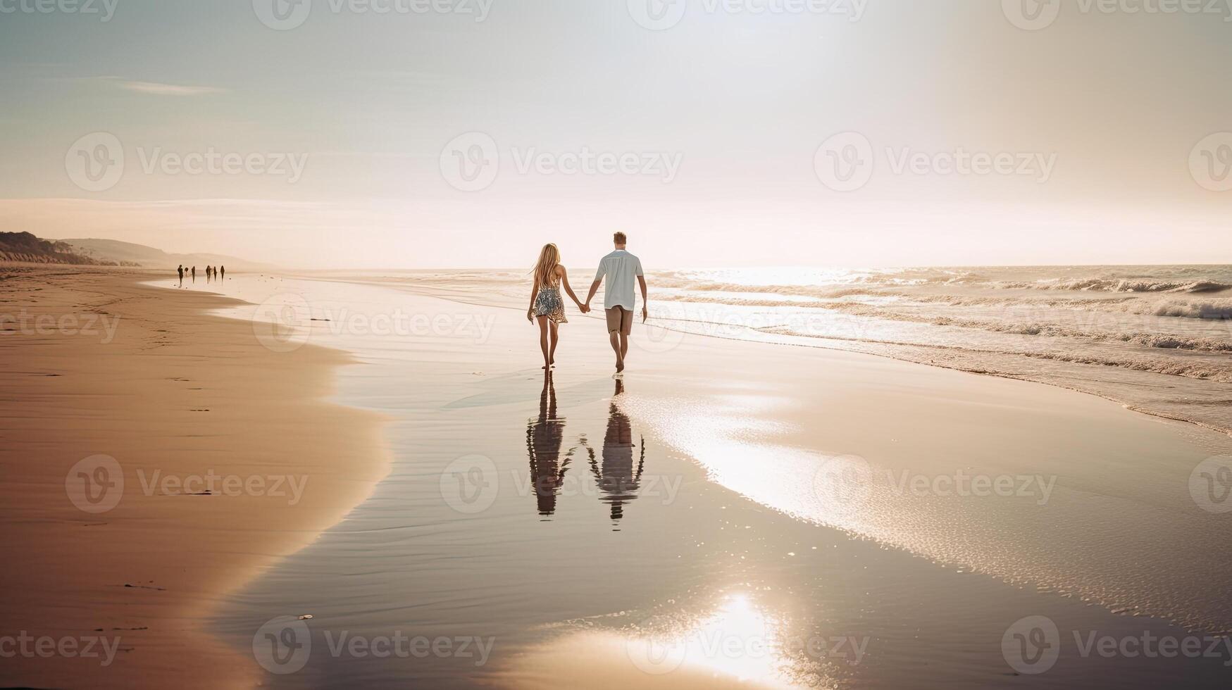 A beach scene with a couple walking hand in hand. photo