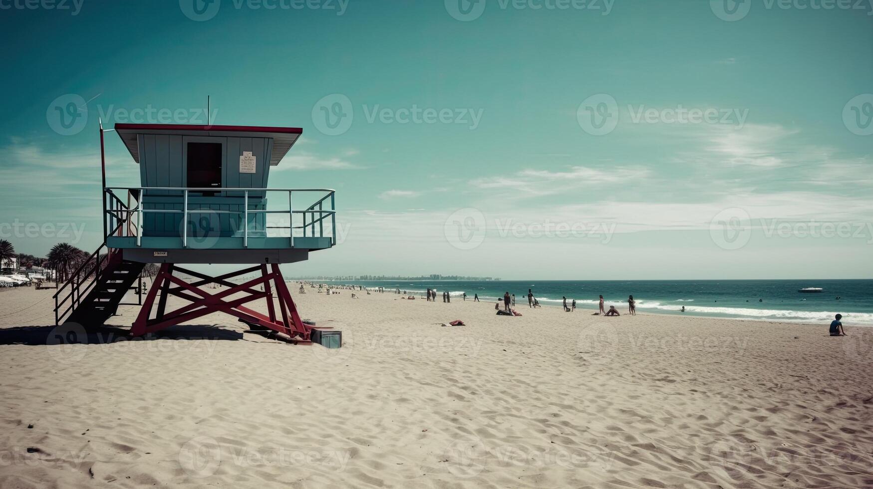 A beach scene with a lifeguard tower. photo