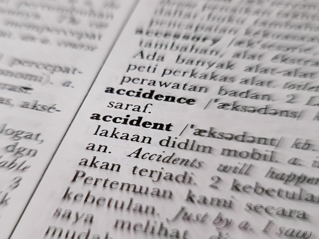 a close up of the word accident in the English to Indonesian dictionary. For word background or wallpaper photo