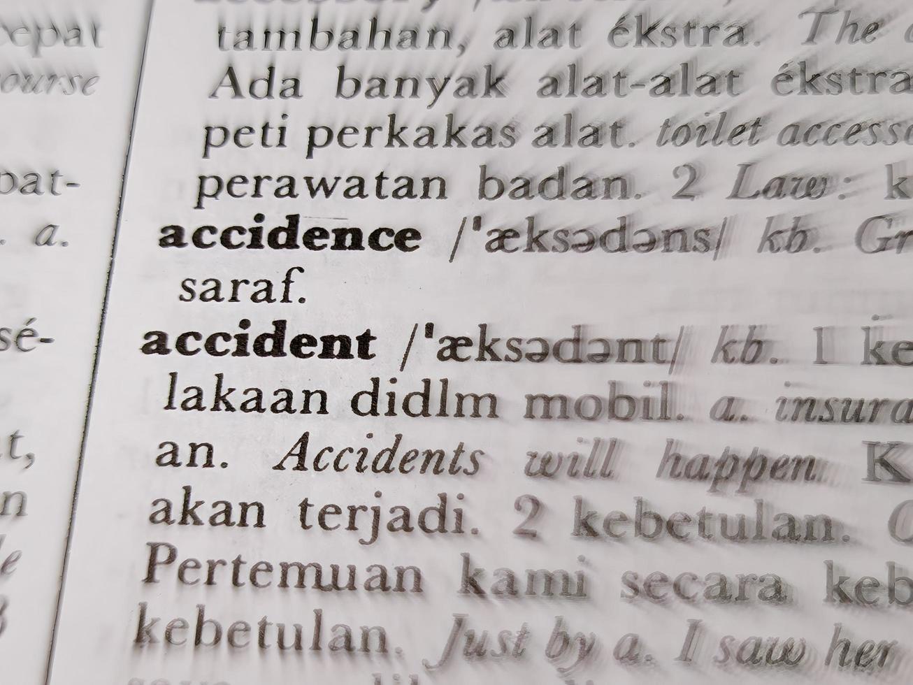 a close up of the word accident in the English to Indonesian dictionary. For word background or wallpaper photo