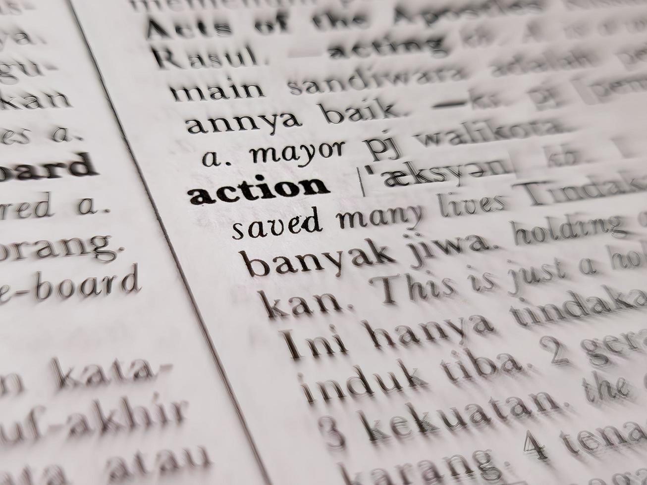 a close up of the word action in the English to Indonesian dictionary. For word background or wallpaper photo