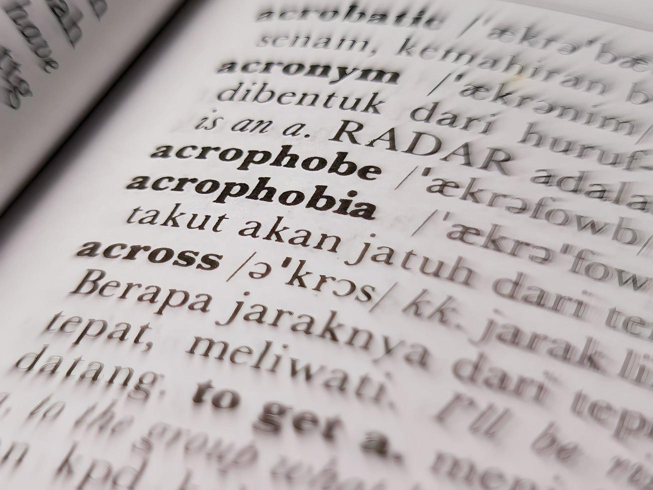 Surabaya, indonesia - april, 2023 - a close up of the word acrophobia in the English to Indonesian dictionary. For word background or wallpaper photo