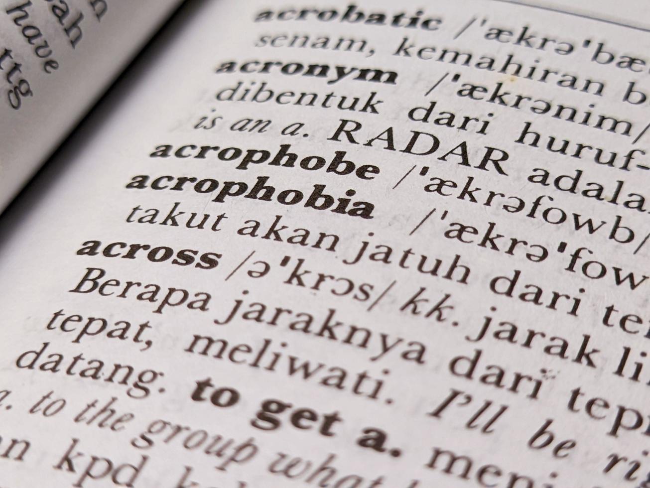 Surabaya, indonesia - april, 2023 - a close up of the word acrophobia in the English to Indonesian dictionary. For word background or wallpaper photo