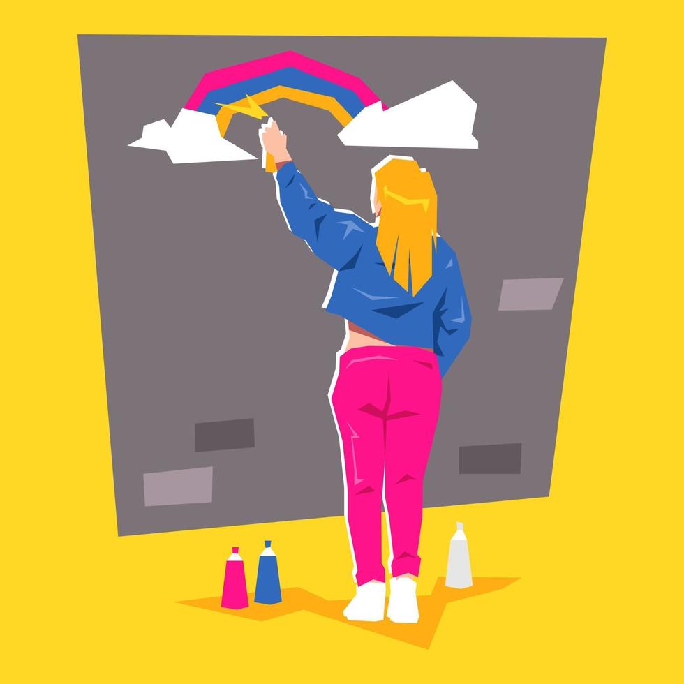 Illustration of a female character painting on a wall using spray paint. Painting a rainbow. Graffiti, mural, art, artist. Back view. flat cartoon vector. vector