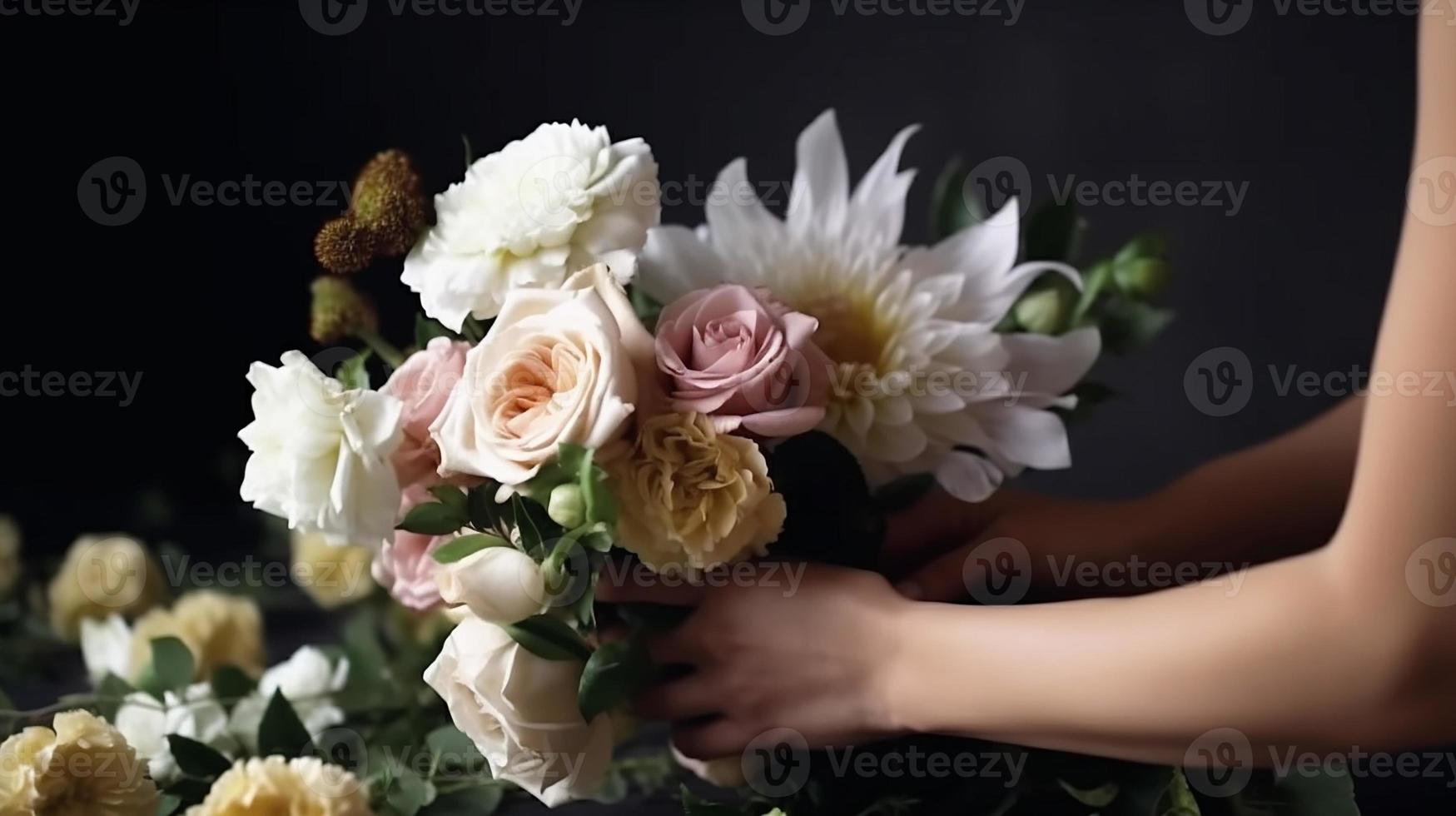 Female Arranging a White Flower Bouquet photo