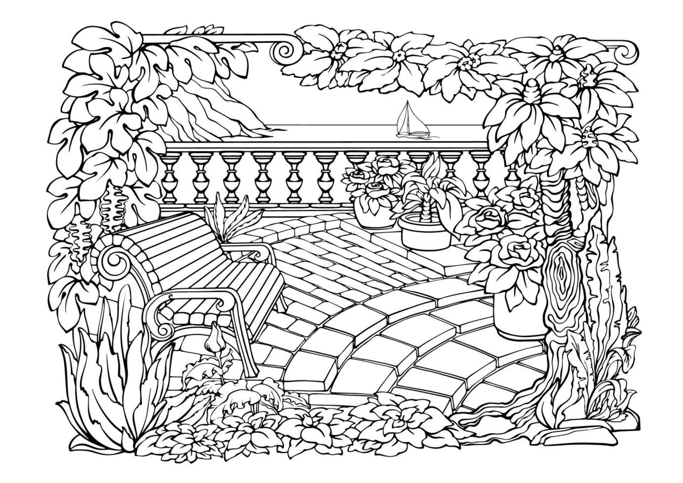 romántico jardín. colorante paginas balaustrada, banco, y plantas. vector ilustración.