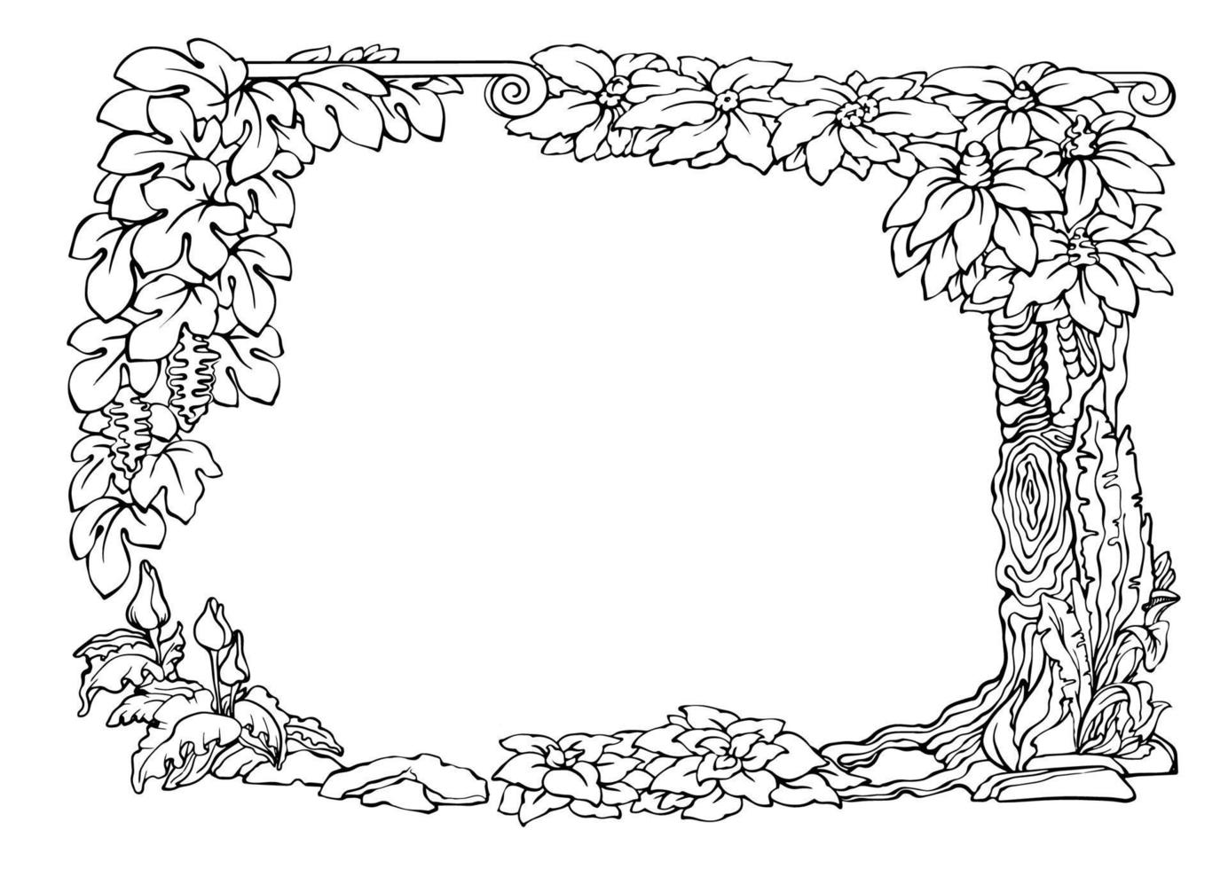 Botanical border with tropical plants. Outline floral frame. Vector