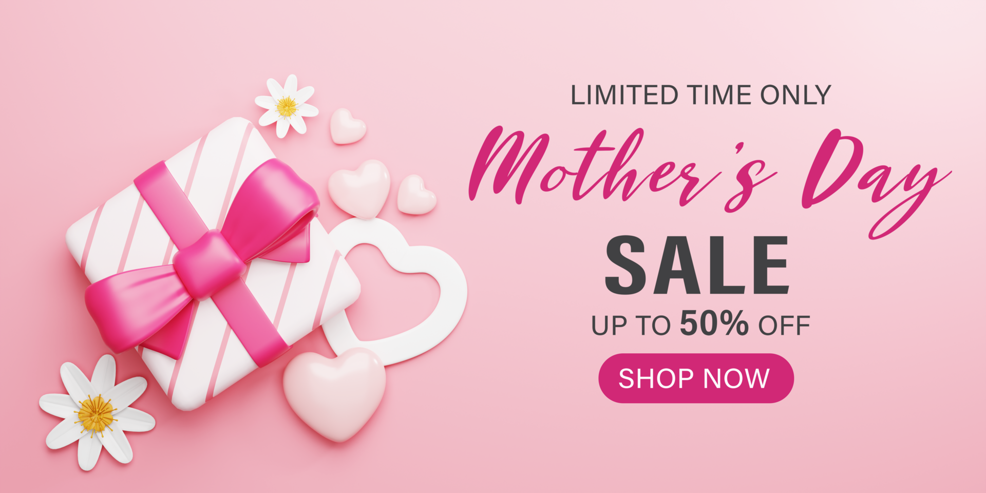 3d Rendering. Mother's Day Sale Banner illustration. Gift box and heart shape, flower on pink background. psd