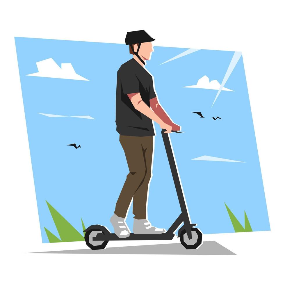 people riding electric scooter. concept of transportation, vehicle, eco-friendly. sunny morning background, grass, clouds. flat cartoon vector illustration.