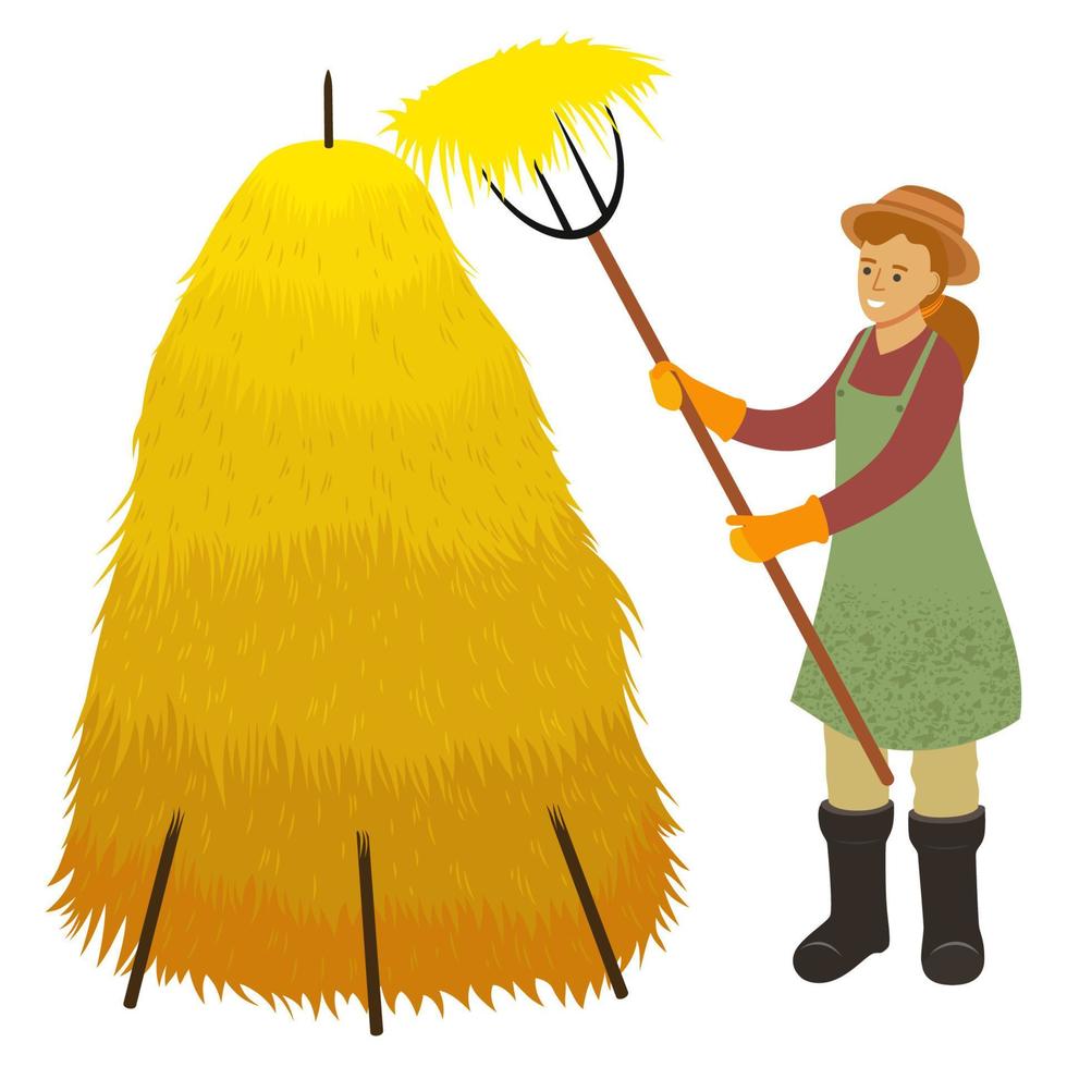 Farm employee with pitchfork preparing hay vector