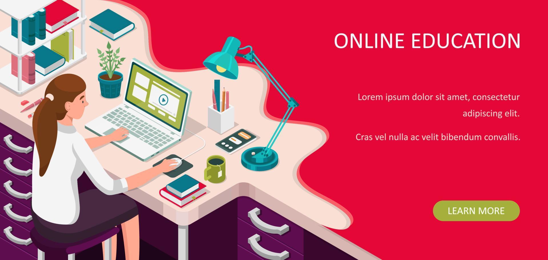 Learning online at home. Student sitting at desk and looking at laptop. E-learning banner. Web courses or tutorials concept. Distance education flat isometric vector illustration.