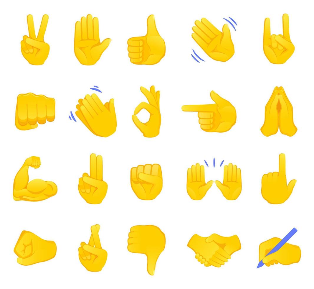 mano gesto emojis íconos recopilación. apretón de manos, bíceps, aplausos, pulgar, paz, rock en, OK, carpeta manos gesticulando conjunto de diferente emoticon manos aislado vector ilustración.
