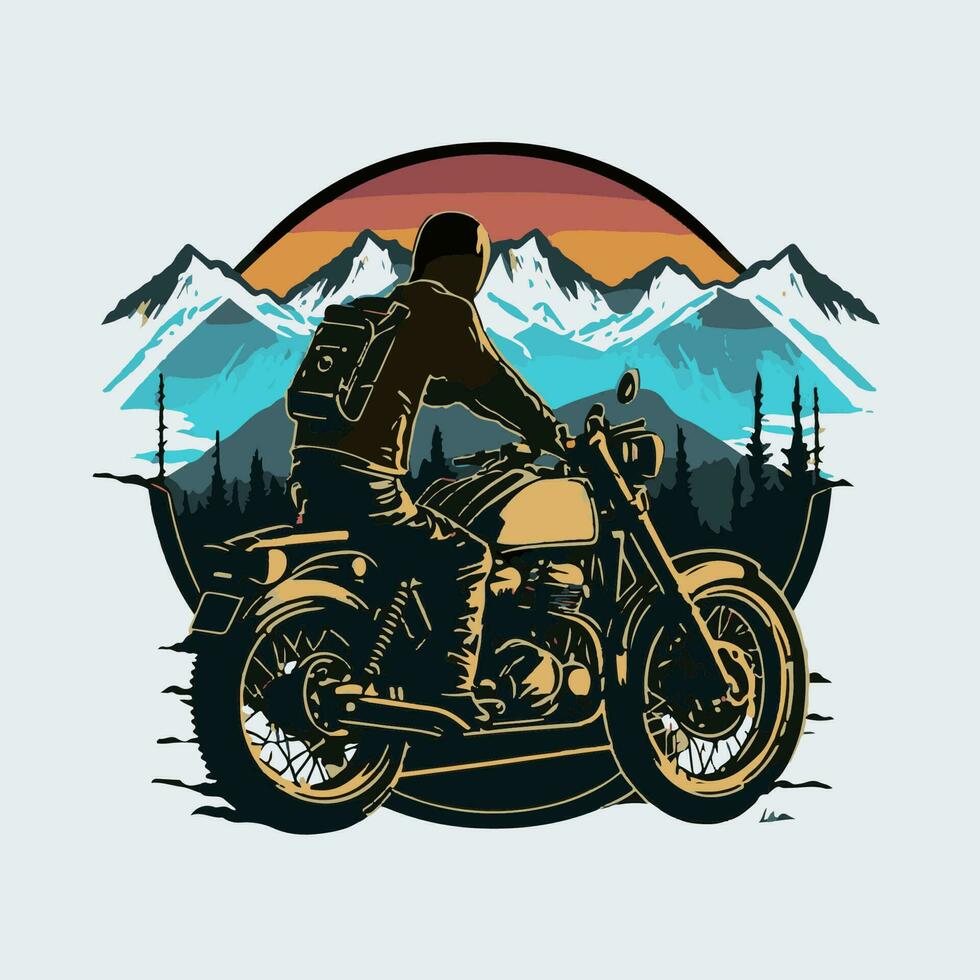 Clásico bicicleta en el atardecer, camiseta diseño, motorista, cabeza hueca, cabeza de pan, cabeza de la pala, cabeza plana, desnudo bicicleta, Carrera de resistencia, supermoto, motociclista, motociclista, vector modelo