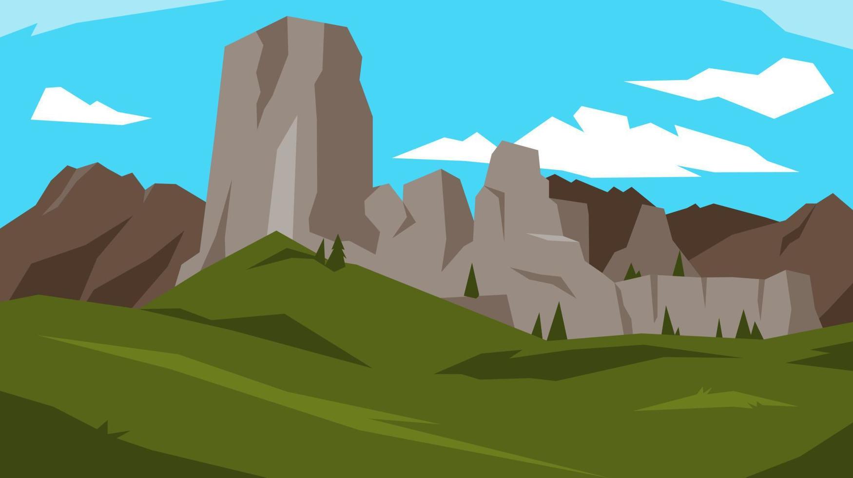 paisaje de montañas de rocas y verde césped en el Mañana. concepto de naturaleza, paisaje, exterior, piedras plano vector ilustración.