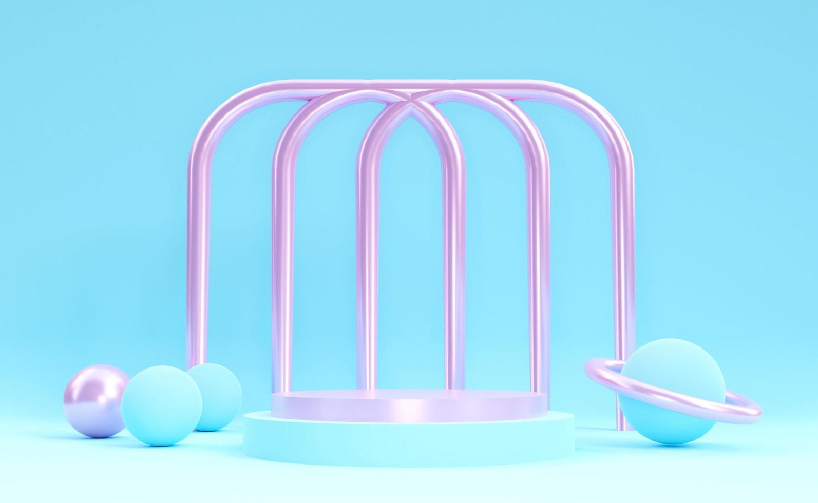 Pastel blue and pink podium with spherical objects sky blue background. Stand to show products. Stage showcase for presentation. Cute pedestal display. 3D rendering. Studio platform template. photo