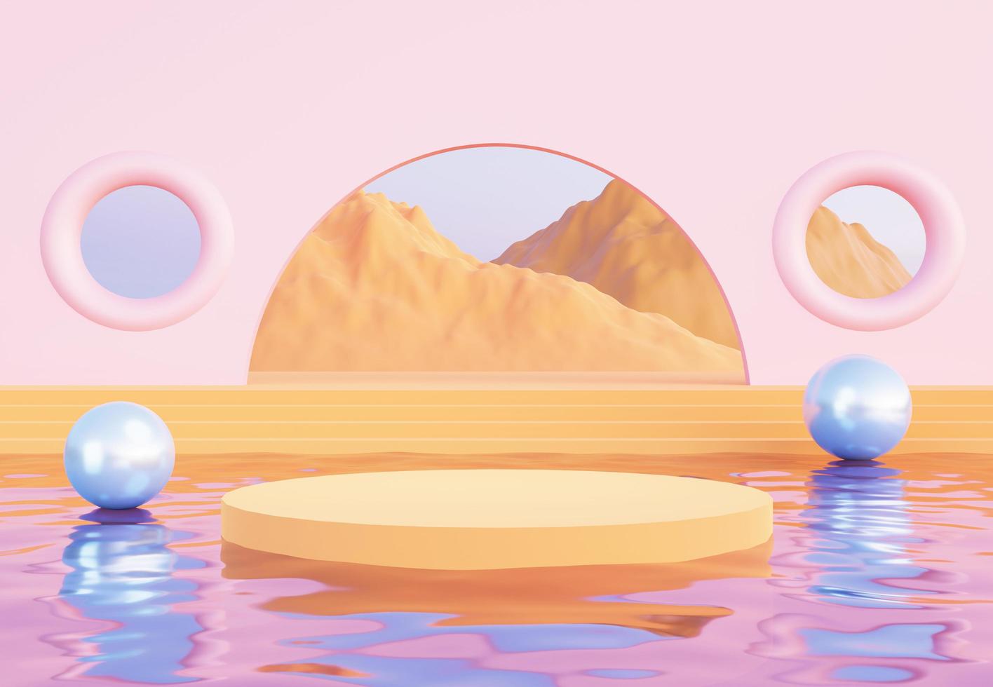 Yellow podium with blue spherical objects. Stand to show products. Stage showcase with mountain scene platform for presentation. Pedestal display. 3D rendering. photo
