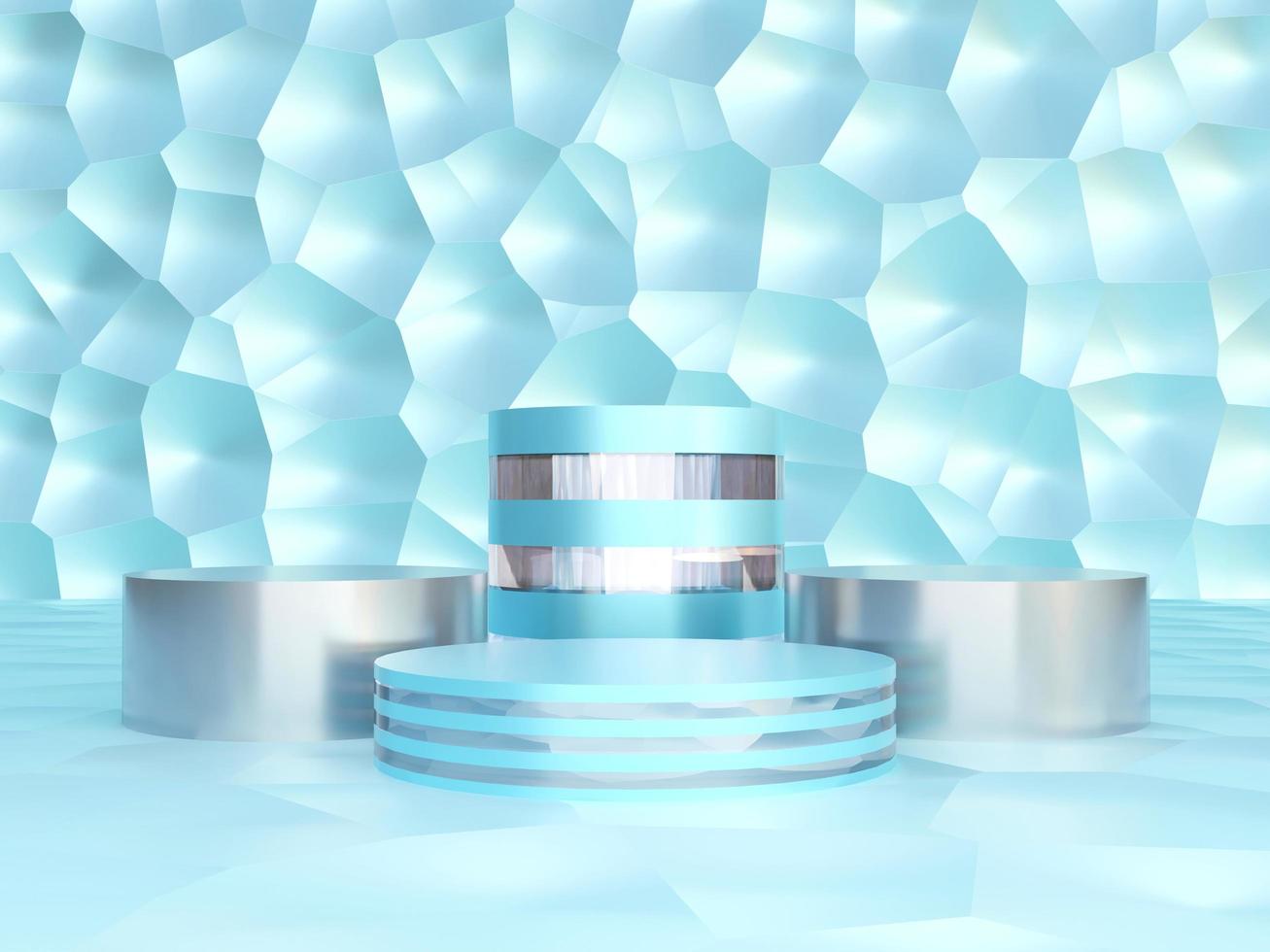 Set of light blue podium. Stand to show products. Stage showcase with luxury scene for presentation. Metallic elegant pedestal display. 3D rendering. Studio platform template. photo