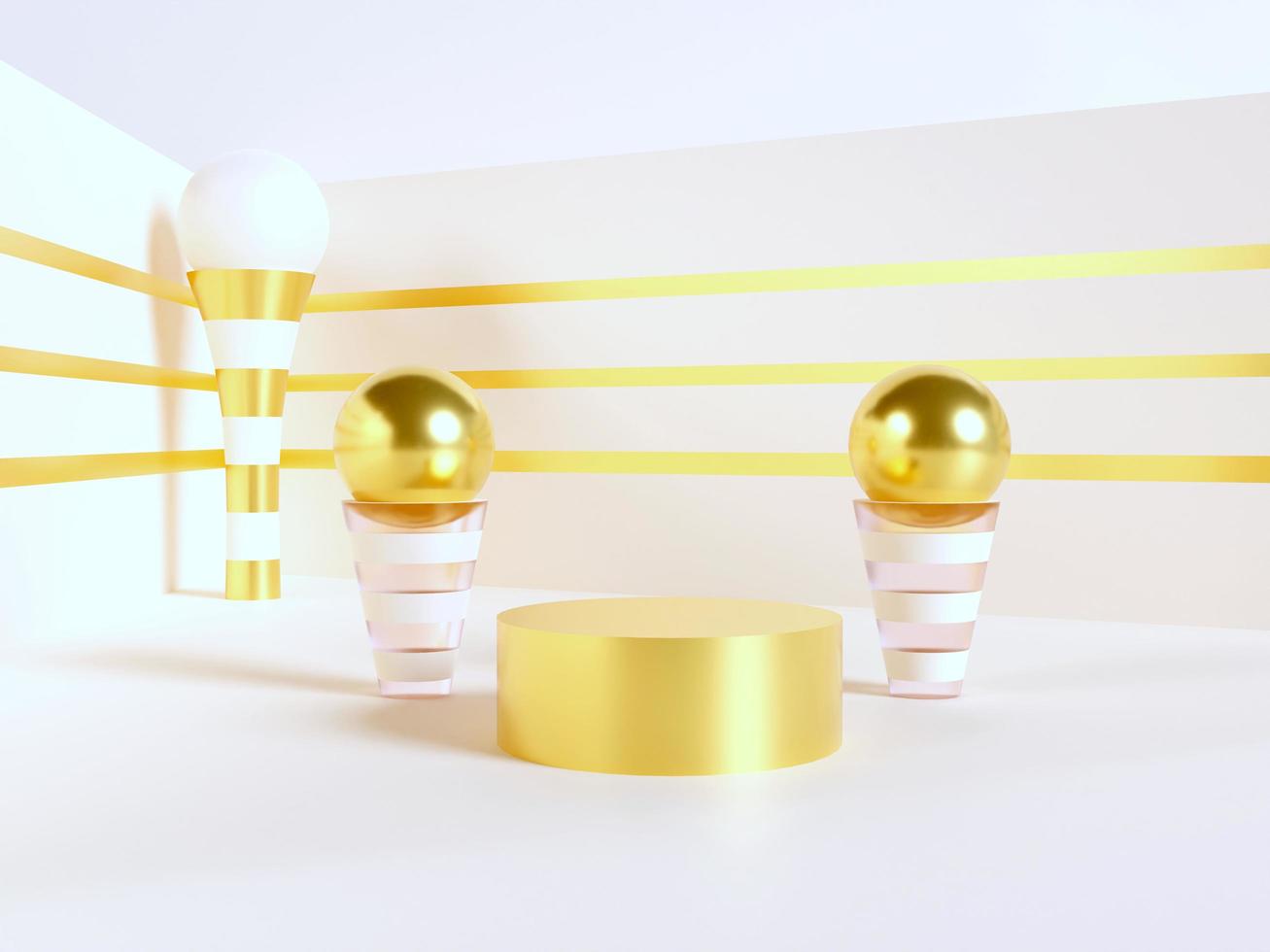 Golden podium with shiny balls and abstract objects. Stand to show products. Stage showcase with white background for presentation. Pedestal display. 3D rendering. Studio platform template. photo