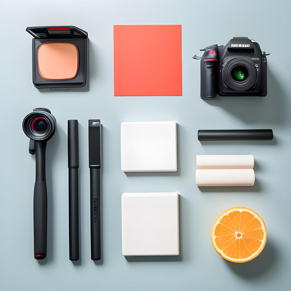 ai generado flatlay imagen de cámara y accesorios foto