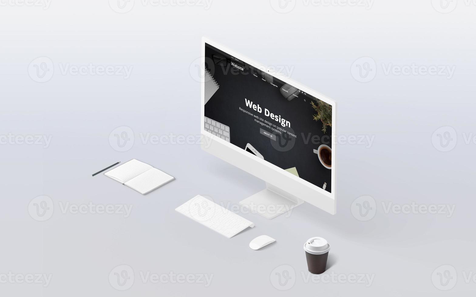 Isometric view of web design studio with modern display, emphasizing technology, UX, UI, and creative digital rendering photo