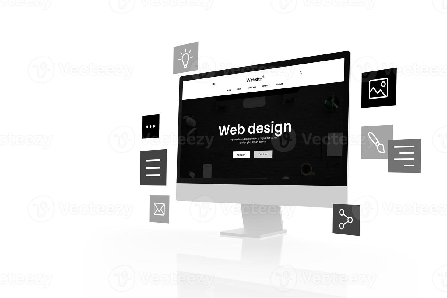 Flat black and white web design studio page layout on modern computer display with flying page layout modules concept photo