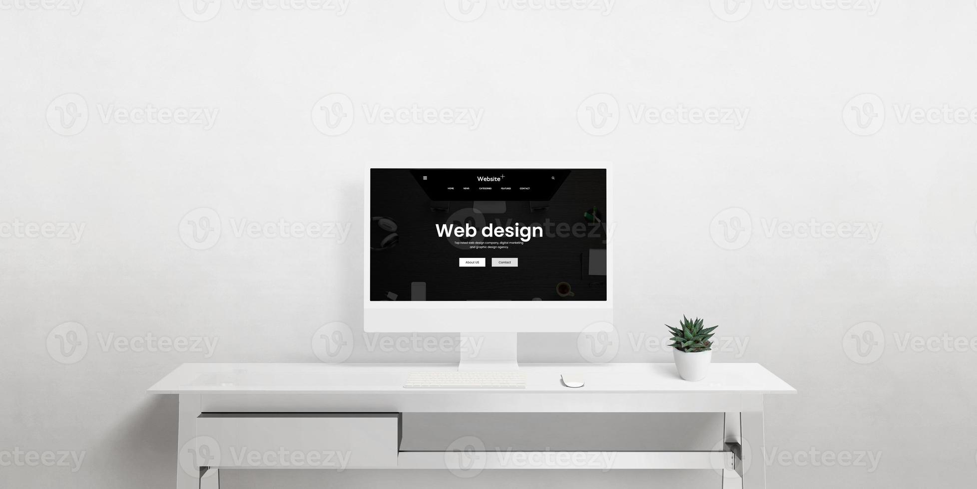 A front view of a computer display on an office desk featuring a minimalist workspace, highlighting web design, UX, UI, and digital rendering photo