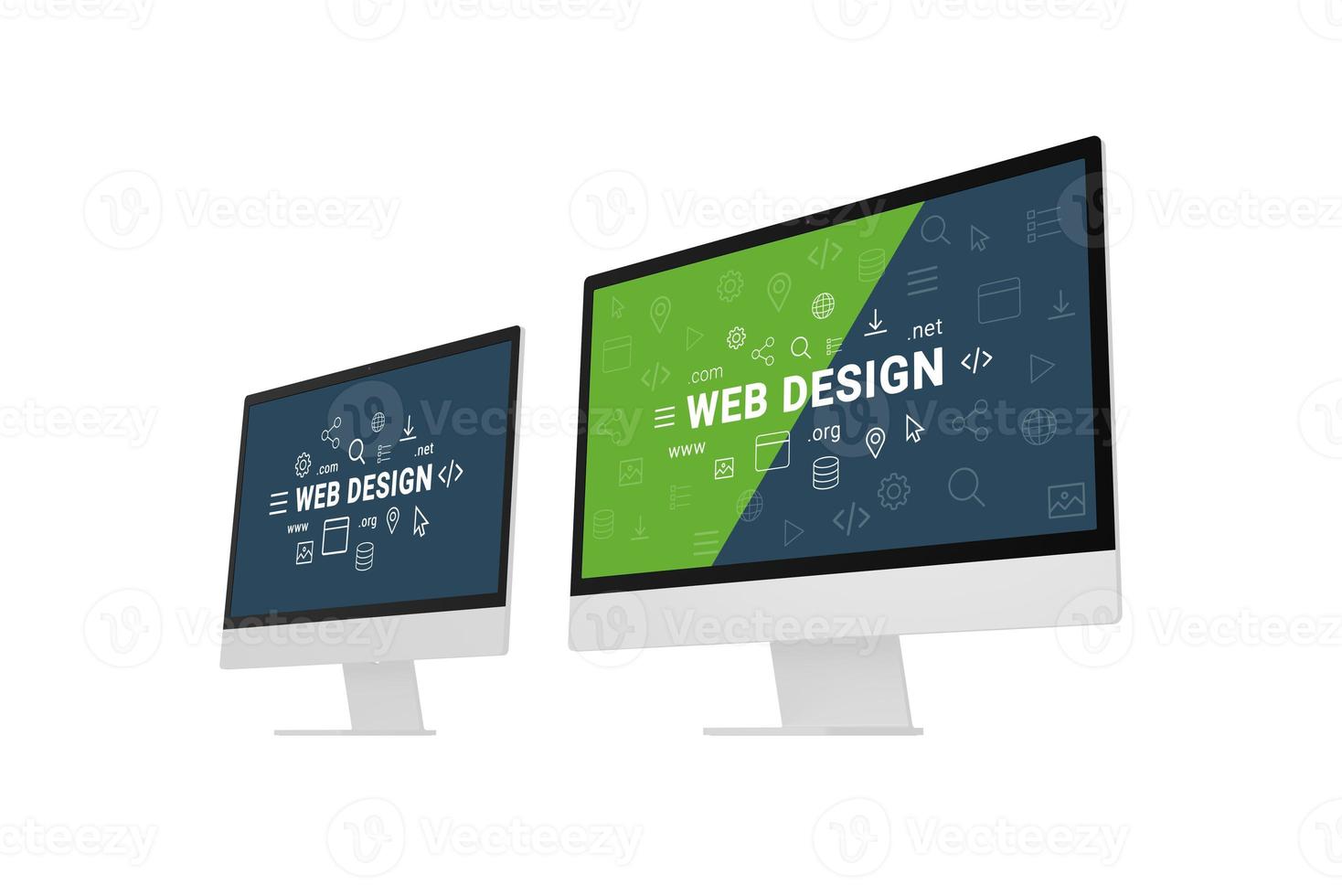 web diseño estudio concepto con dos computadora muestra y web diseño inscripciones y íconos en a ellos. aislado en blanco foto