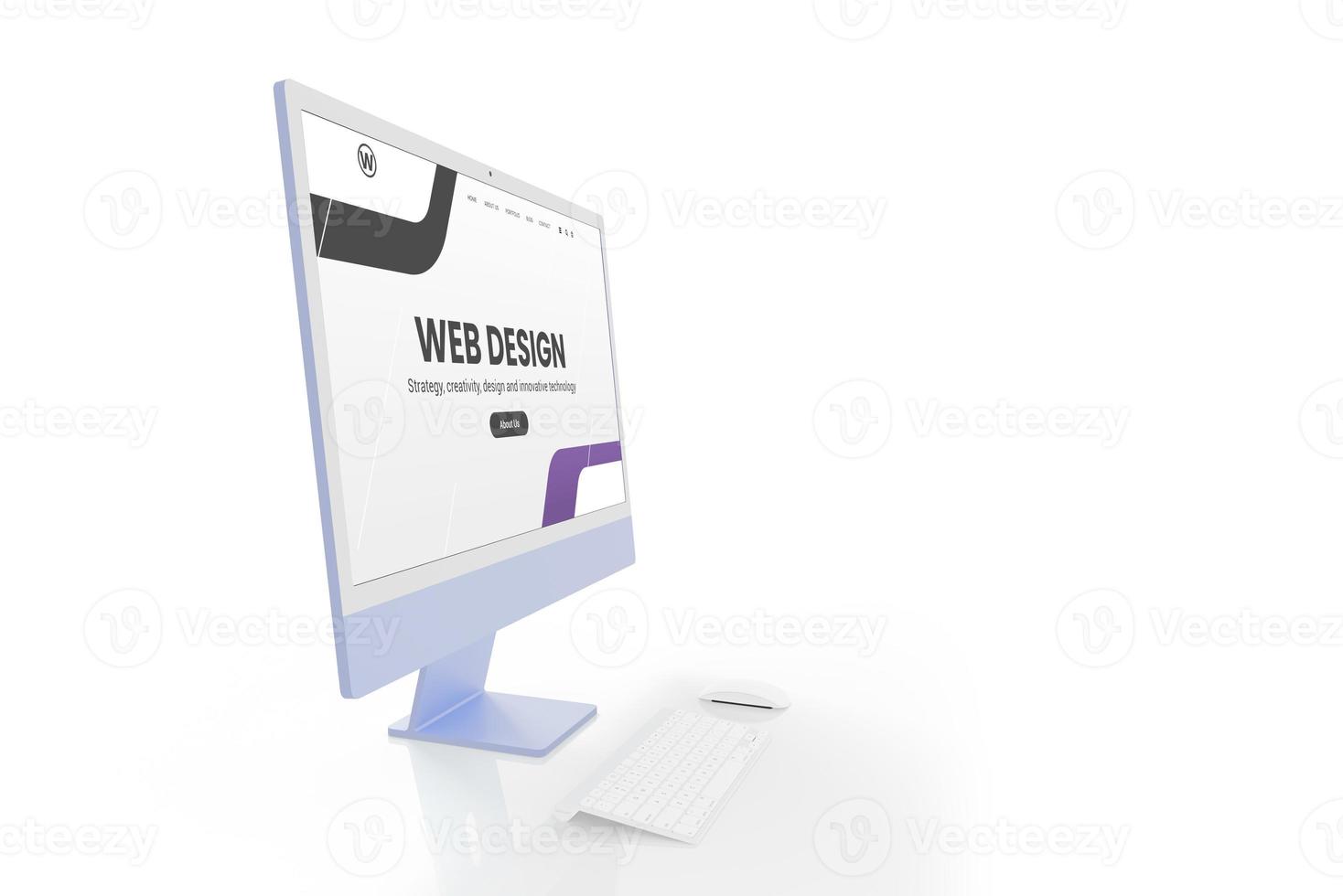 Web design studio concept with modern display and web design web page interface isolated on white. Keyboard and mouse beside photo