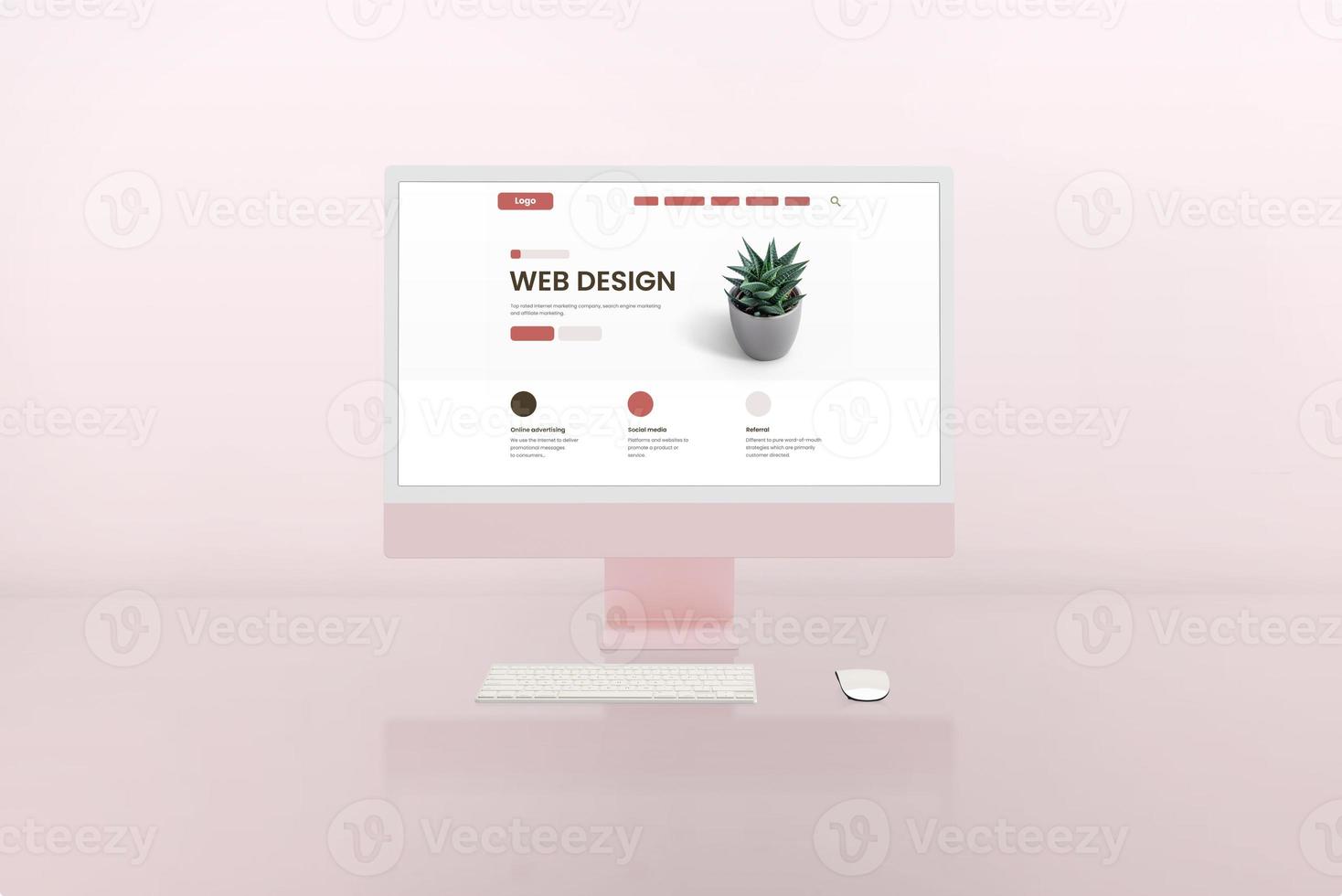 Web design studio with modern computer display and web page layout concept on it. Pink display and background photo
